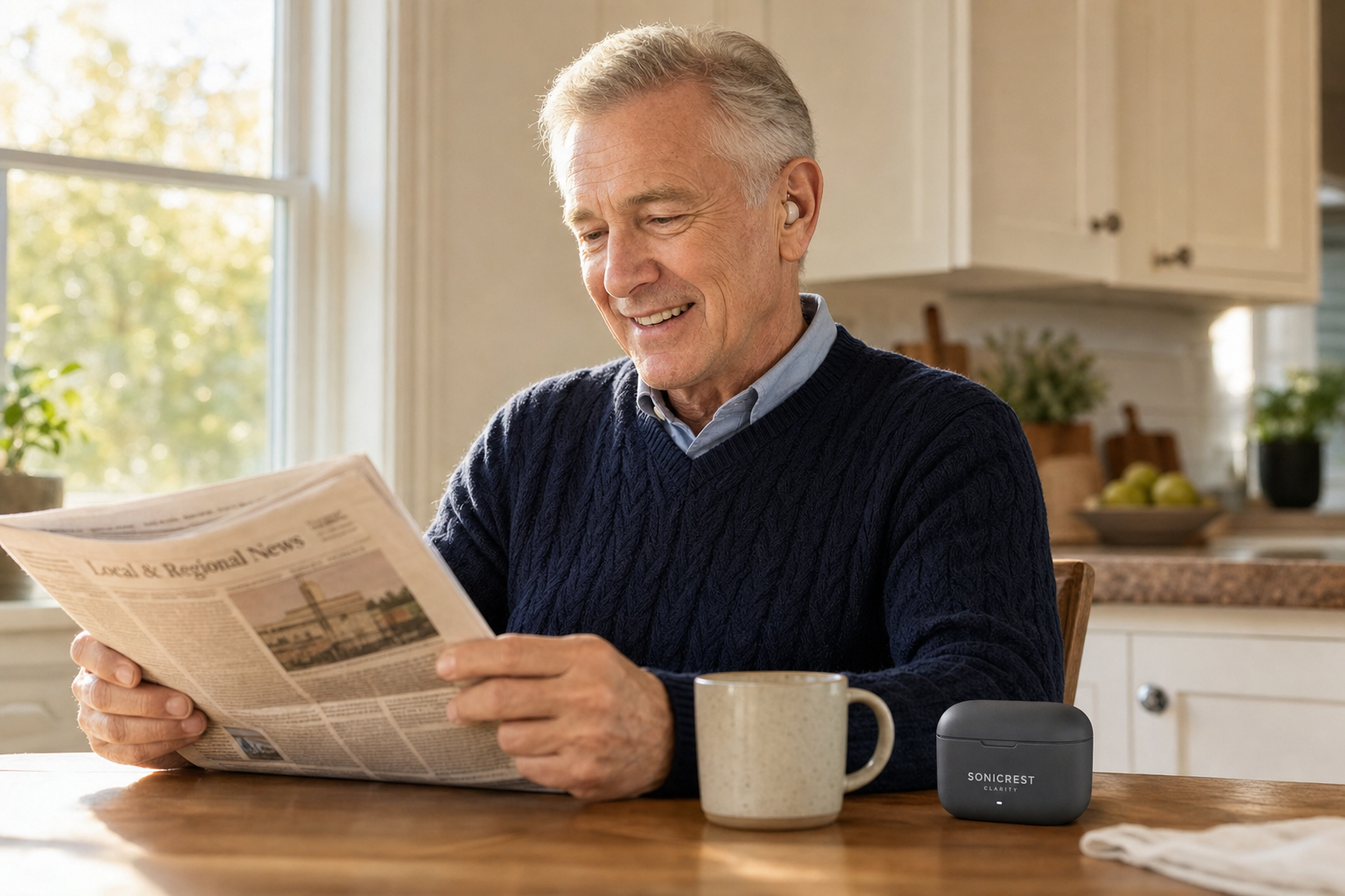 Adult enjoying morning coffee with SonicRest Clarity Pod